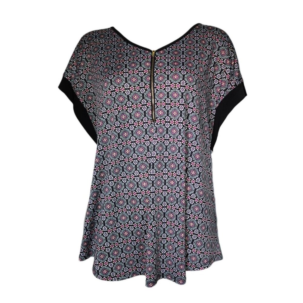 Roz & Ali Top‎ Womens Plus Size 2X Black Geometric Short Sleeve Zipper Detail